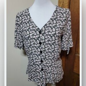 LOFT Black & White Floral Button-Front V-Neck Top, 4P